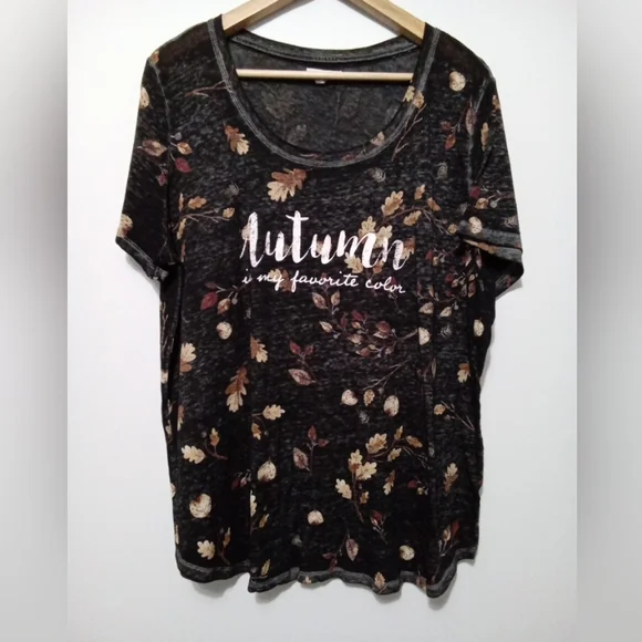 Maurices Black Short Sleeve 'Autumn' Graphic Tee with Floral Leaves - Picture 1 of 7
